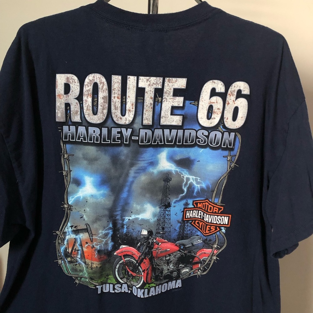Harley-Davidson Navy Tee with Red Motorcycle and Storm Graphic